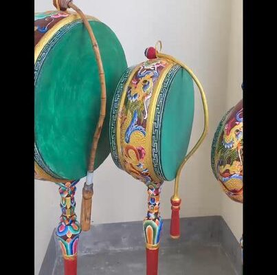 Handcrafted traditional Buddhist drum set made from scratch in Tashiding, infused with powerful ‘གཟུངས’ (gzung) mantras, available in limited quantities.