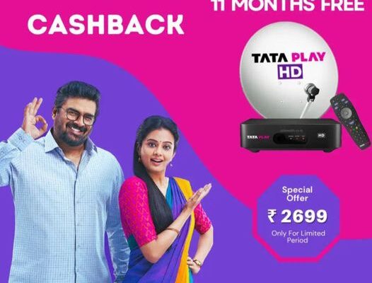 Tata Play HD is available for 2702 rupees with an 11-month pack, free delivery and installation, and accessories.