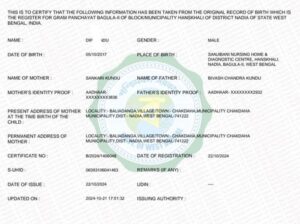 Online application service for birth certificates is available, requiring documents like father and mother’s Aadhaar card, voter card, and discharge paper.