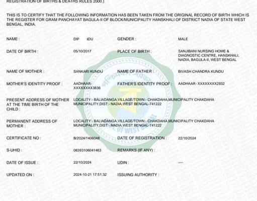 Online application service for birth certificates is available, requiring documents like father and mother’s Aadhaar card, voter card, and discharge paper.