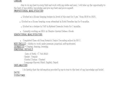 A person with 3-4 years of housekeeping experience is seeking a job in the hotel line in Bhoogari.